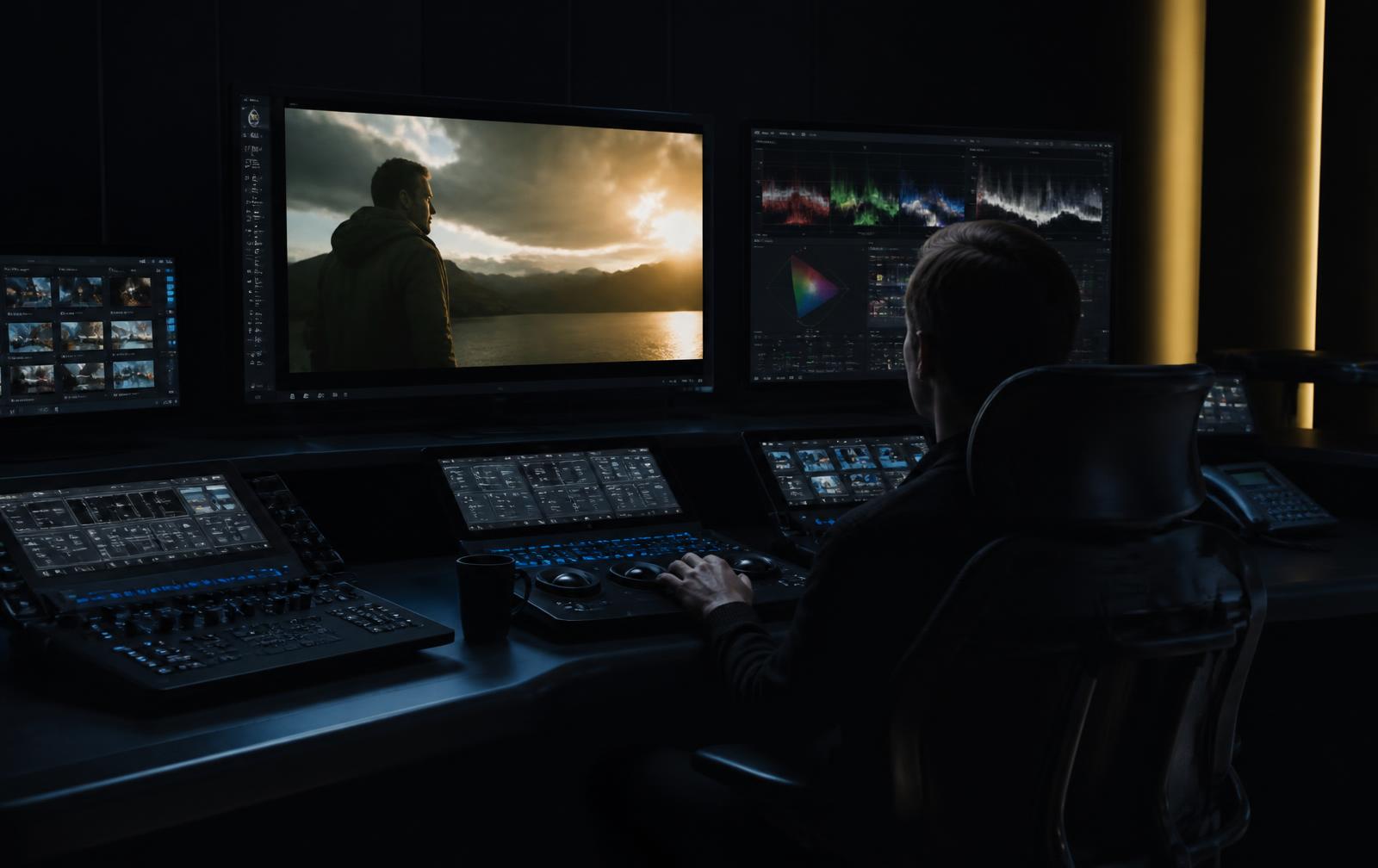 Cinematic post-production editing suite with color grading monitors glowing in a dark room